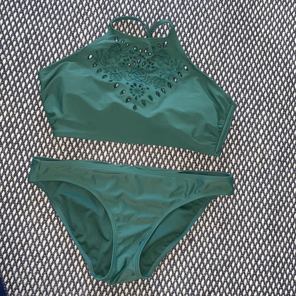 Green high-neck bikini top with matching bottoms